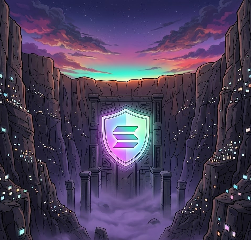 A glowing shield gate in a Solana canyon