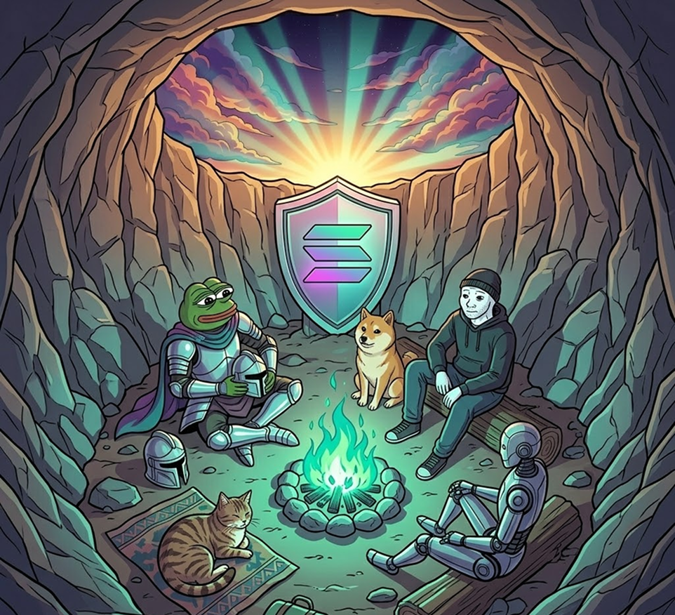 Trench community resting in a cave near a glowing shield