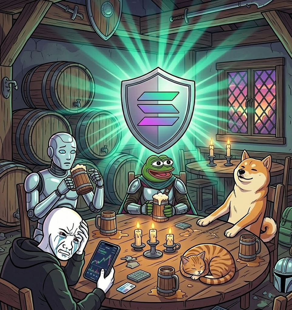 Solana trench characters gathered under a glowing $SHIELD